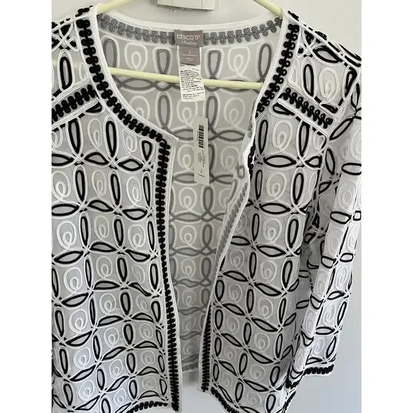 Chico's Traveler 2 (14-16) Jacket Black White Jacket Sheer Mesh Packaable NEW! - Picture 1 of 10